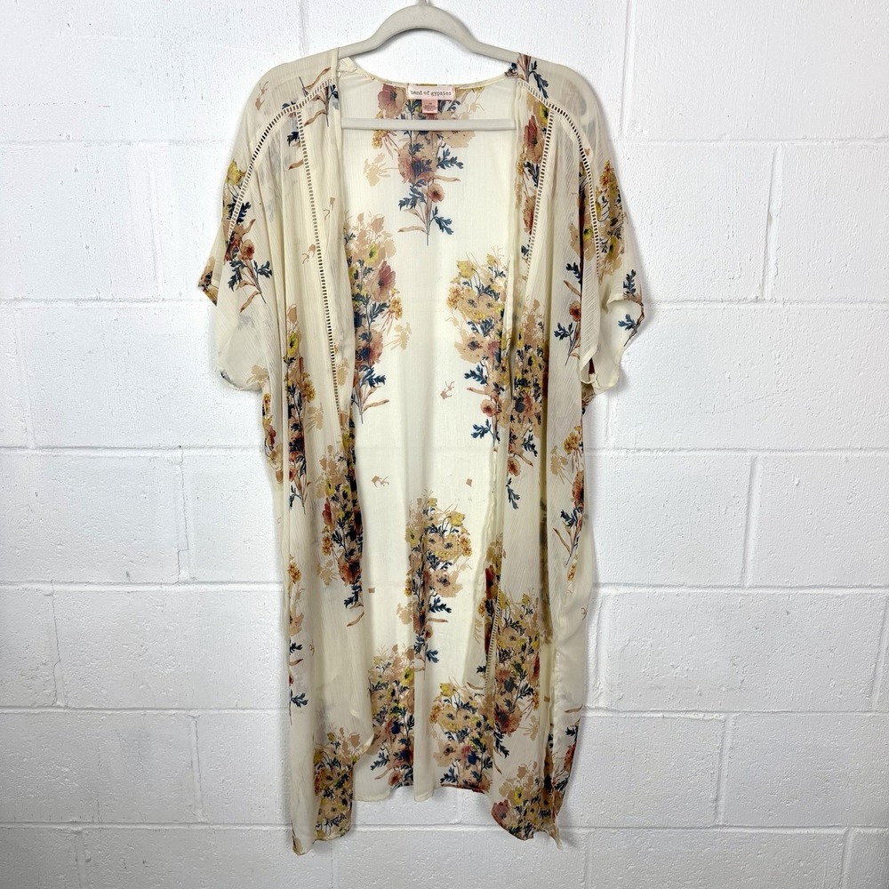 Band Of Gypsies Kimono Duster Open Long Sheer Crochet Floral BoHo Festival Fairy